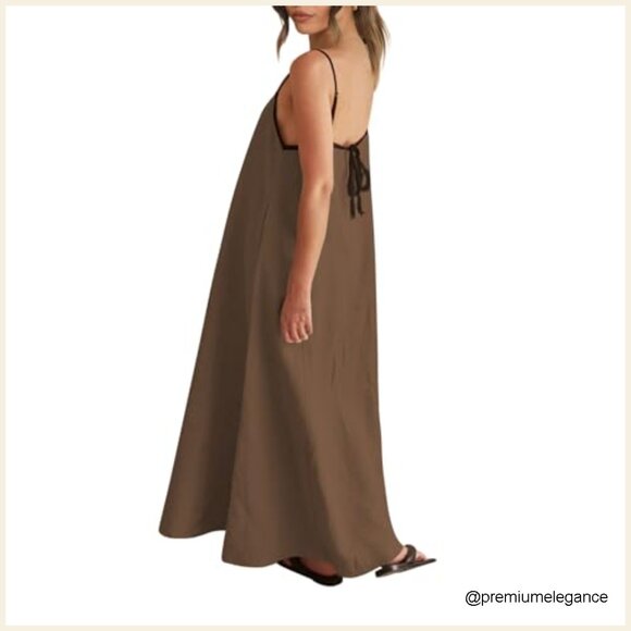 Linen Maxi Dress with Adjustable Straps, Side Pockets, Back Tie Detail - Picture 4 of 7